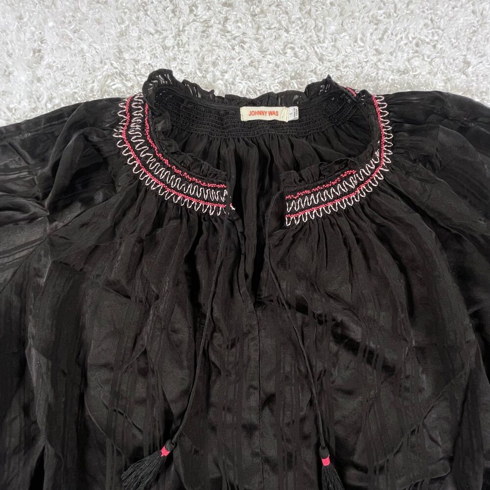 Johnny Was L Silk Zig Zag Embroidered Blouse Black Tassels Boho Peasant Top Luxe - Picture 6 of 14